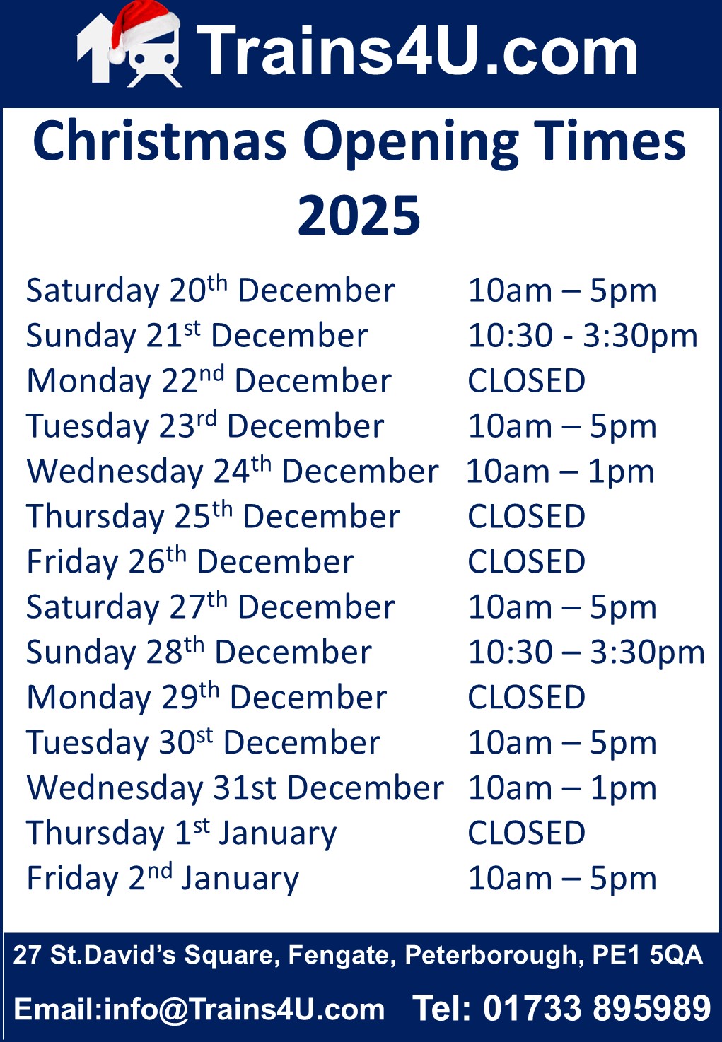 Christmas 2025 opening times